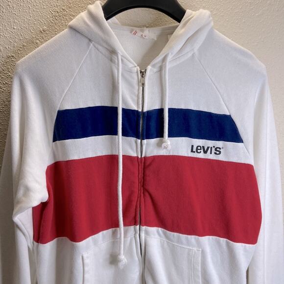 Vintage Levi’s Women White Striped Full Zip Hooded Sweater Size XS - Picture 2 of 10